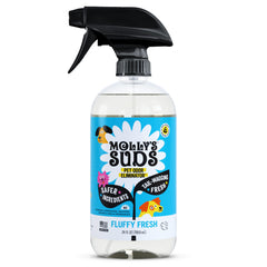 Molly's Suds Pet Odor Eliminator spray bottle targets pet odors at the source.