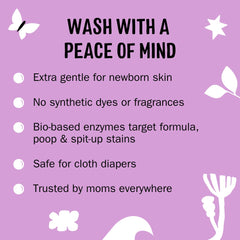 Molly's Suds Baby Liquid Detergent pour showing stain-fighting enzymes for baby stains.