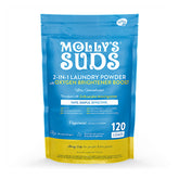 Molly's Suds balance bottle pour shows the formula in action for bright whites and clean fabrics.
