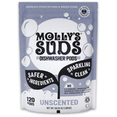 Molly's Suds Dishwasher Pods auto-release action for easy, residue-free cleaning.