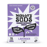 Molly's Suds lavender packaging highlights compact, plastic-free sheets for easy storage.