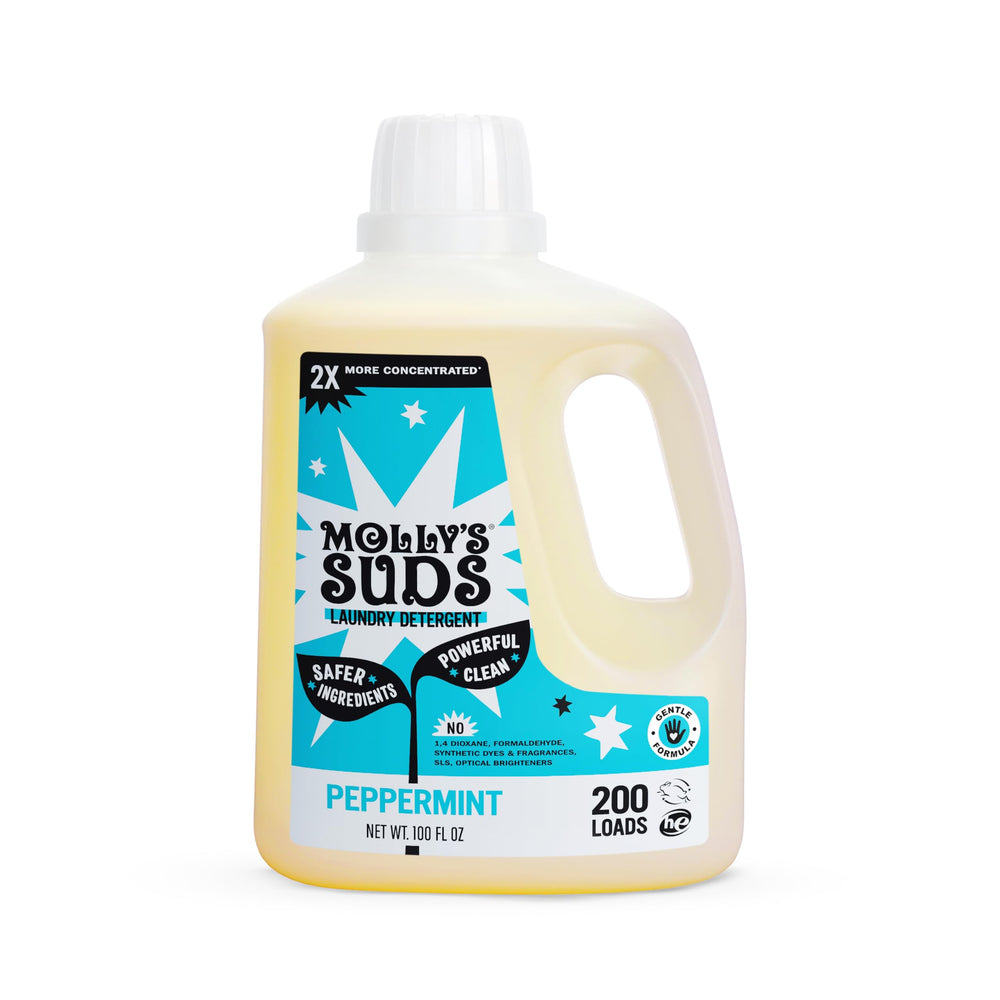 Molly's Suds liquid detergent bottle with measuring cap for easy 200-load convenience.