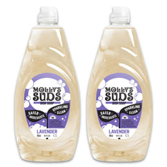 Molly's Suds Lavender bottle delivering grease-cutting power for sparkling dishes.