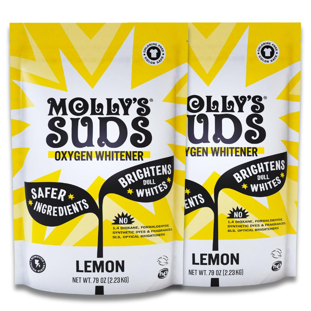 Molly's Suds Oxygen Whitener bottle pour highlighting bright whites with lemon scent