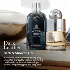 Molton Brown Dark Leather bottle pour illustrating easy lather and pine notes
