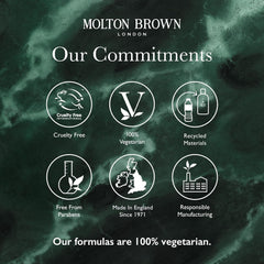 Molton Brown Infusing Eucalyptus Bath Wash eucalyptus leaves backdrop emphasizes natural ingredients.