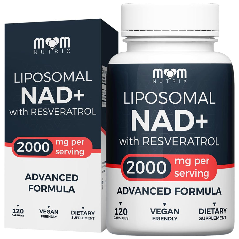 MOM NUTRIX liposomal NAD bottle pour shows easy daily dosing.