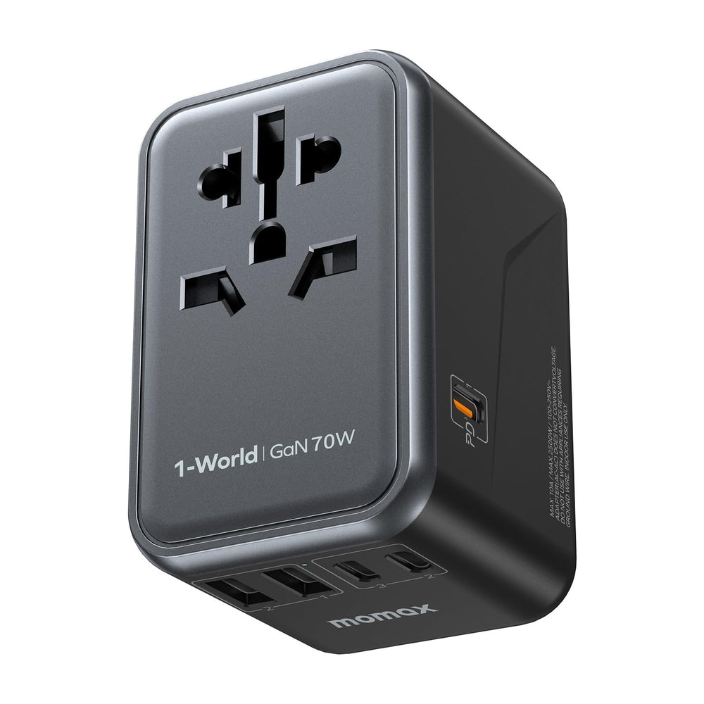MOMAX universal travel adapter front view enables fast charging on the go