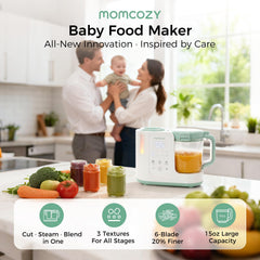 Momcozy AutoMeal 6-blade close-up reveals even texture for smoother puree.