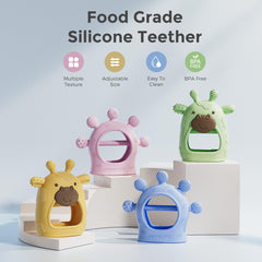 Momcozy blue teether with varied textures for multi-area teething relief.