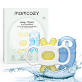 Momcozy baby teether water-fill demonstrates cooling relief for sore gums.