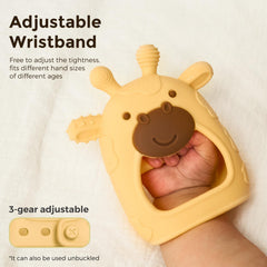 Momcozy wristband teether adjusted for secure, flexible grip on tiny hands.