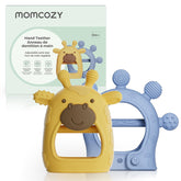 Momcozy yellow teether with textured bite points for soothing gums.