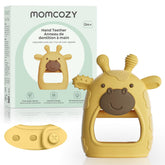 Momcozy yellow teether close-up highlighting safe silicone material for soothing gums.