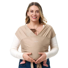 Momcozy Baby Wrap Carrier on body shows lightweight comfort for daily wear.