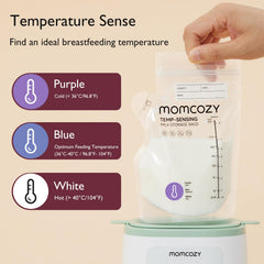 Momcozy self-standing breastmilk bag designed for upright labeling
