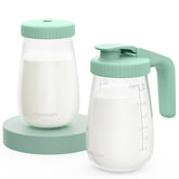 Momcozy glass breast milk pitcher with flat lid for compact storage.