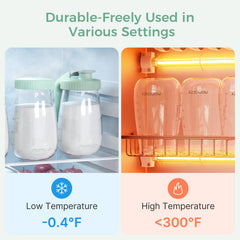 Momcozy glass breast milk pitcher with handle lid for easy pouring.