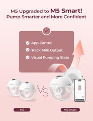 Momcozy M5 app-control interface shown on screen enables convenient pumping adjustments.