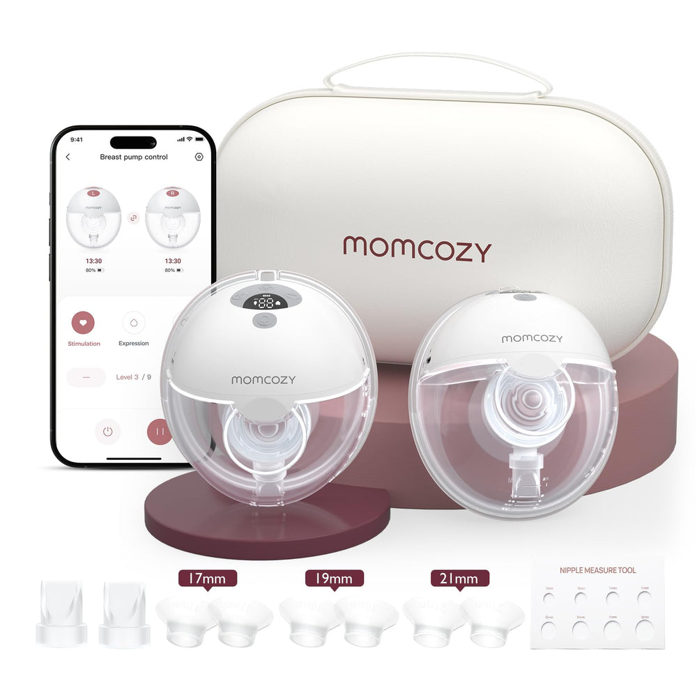 Momcozy M5 wearable pump in compact form for discreet, hands-free pumping.