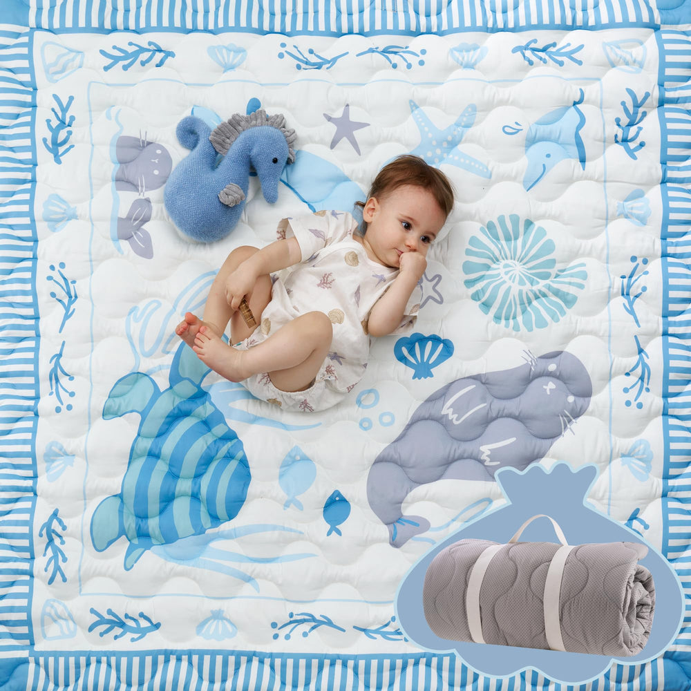 Momcozy Ocean Theam Play Mat laid flat for a spacious tummy-time zone