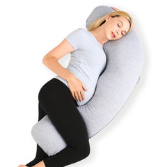 Momcozy J-shaped pregnancy pillow offering optimal side sleeping comfort