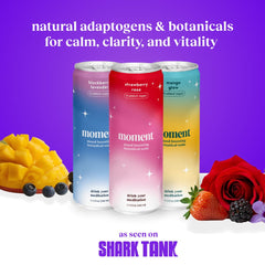Moment fruit splash close-up highlights strawberry and rose flavors.