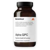 Momentous Alpha GPC bottle on a clean surface, may support cognitive health potential.