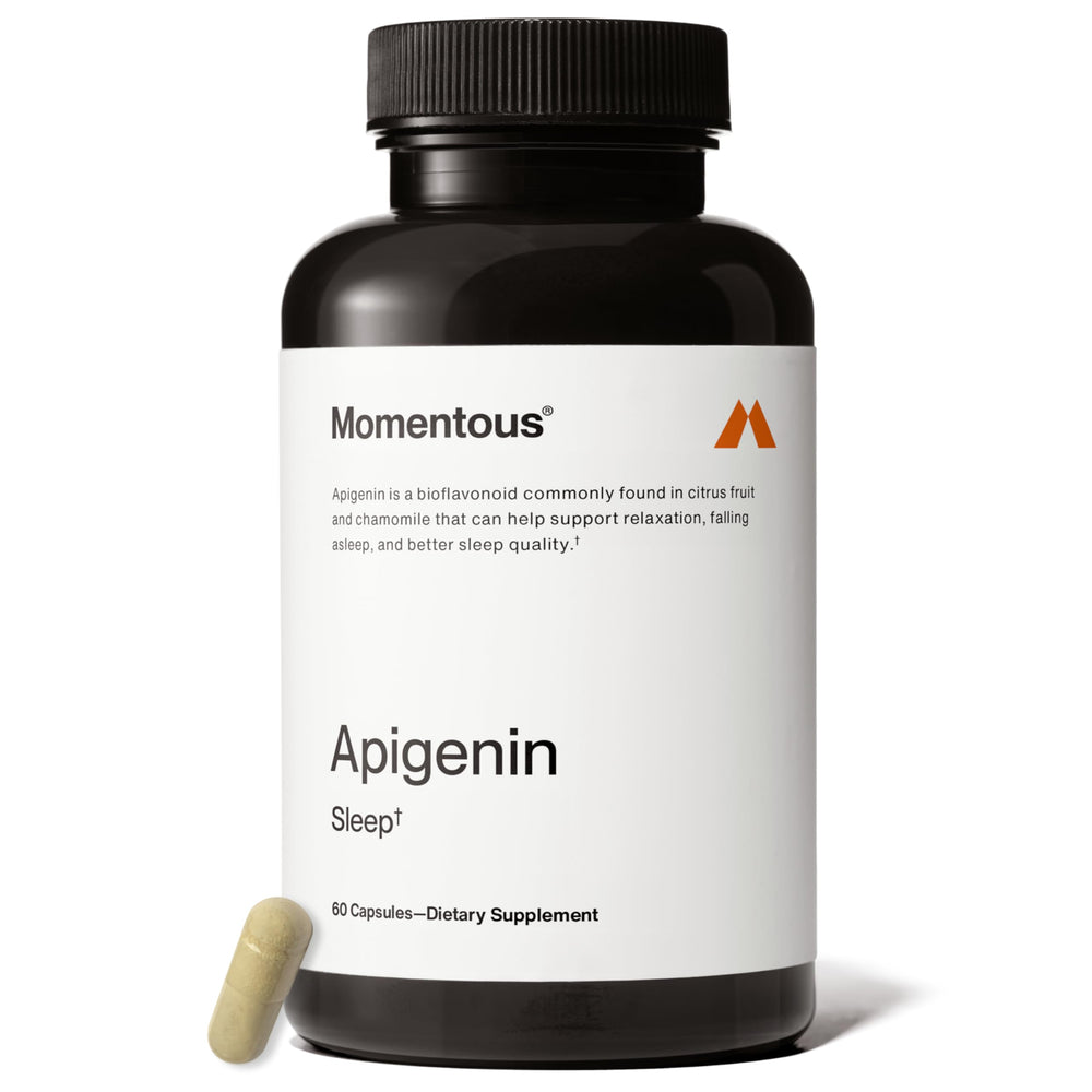 Momentous Apigenin bottle front view highlighting sleep support