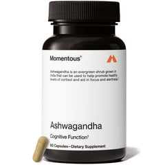 Momentous Ashwagandha bottle label with NSF Certified for Sport for trusted quality.