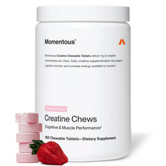 Momentous Creatine Chews strawberry flavored tablet for on-the-go energy and post-workout recovery