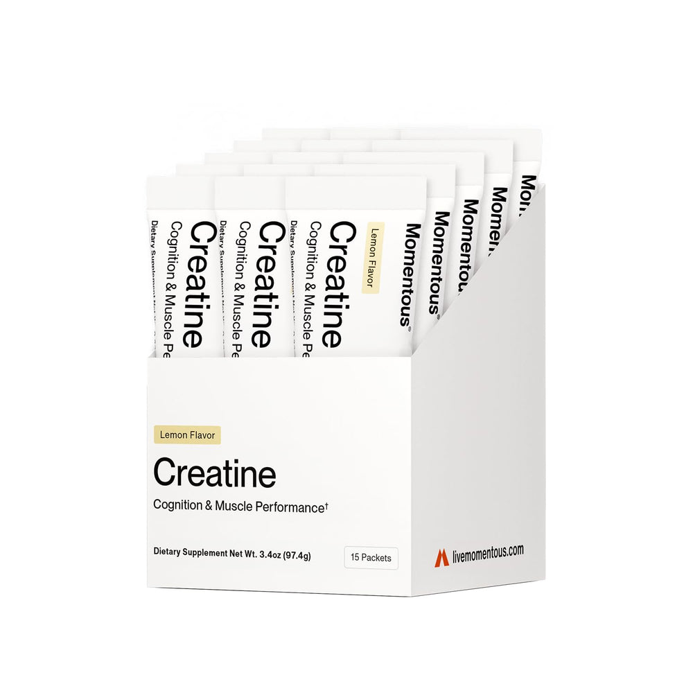 Momentous Creatine Lemon Powder bottle with NSF seal showing pure post-workout support