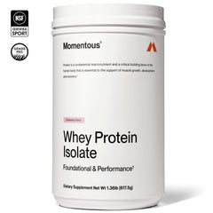 Momentous Essential Grass-Fed Whey Powder in glass shows easy mixing