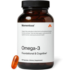 Momentous Omega-3 Fish Oil bottle showcases high-potency EPA and DHA for heart and brain support