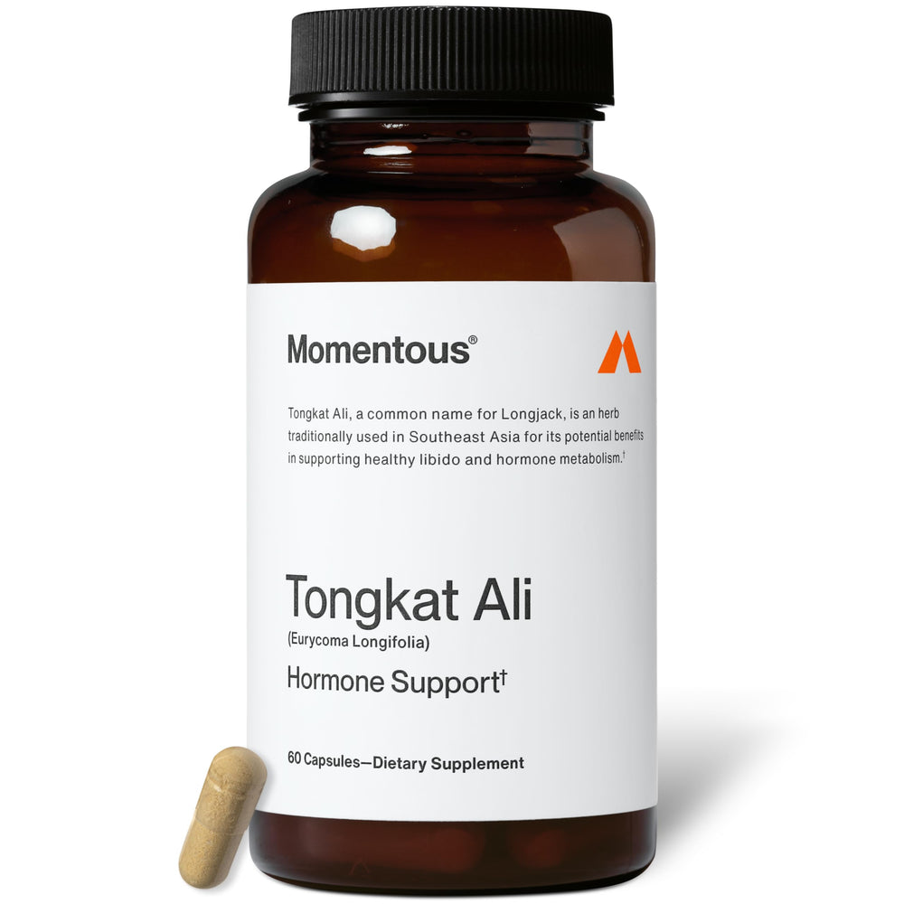 Momentous Tongkat Ali supplement bottle front signaling trusted energy support.