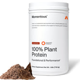 Momentous vegan protein canister open with chocolate powder for quick fueling.