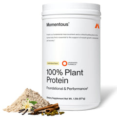 Momentous Vegan Protein Powder Vanilla Spice bottle showing 20 g plant protein per serving.