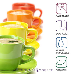 Aromatic steam rising from Mommee Half Caf evokes caramel sweetness