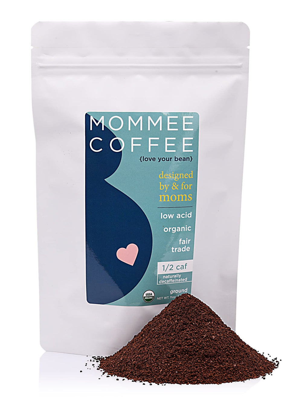 Mommee Coffee Half Caf bag with resealable pouch preserves freshness for daily use