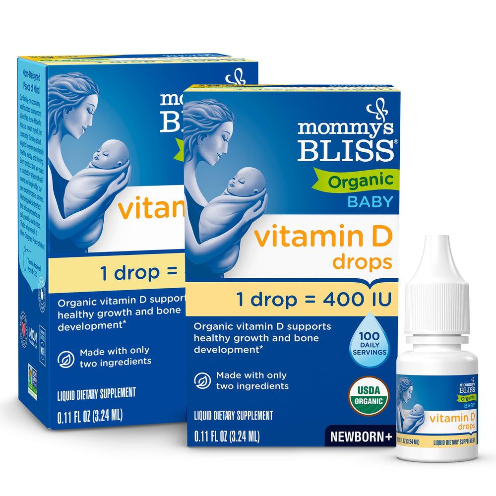 Mommy's Bliss vitamin D drops bottle with dropper for babies, easy daily dose.