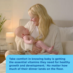 Mommy's Bliss bottle label highlights 100% daily values of key vitamins