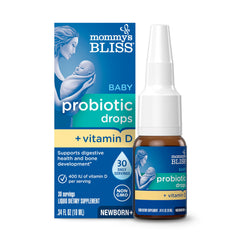 Mommy's Bliss baby probiotic drops bottle; gentle digestive balance and vitamin D intake.