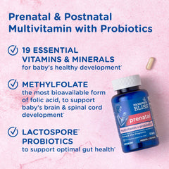 Mommys Bliss prenatal multivitamin capsules close-up, easy to swallow daily nutrition.