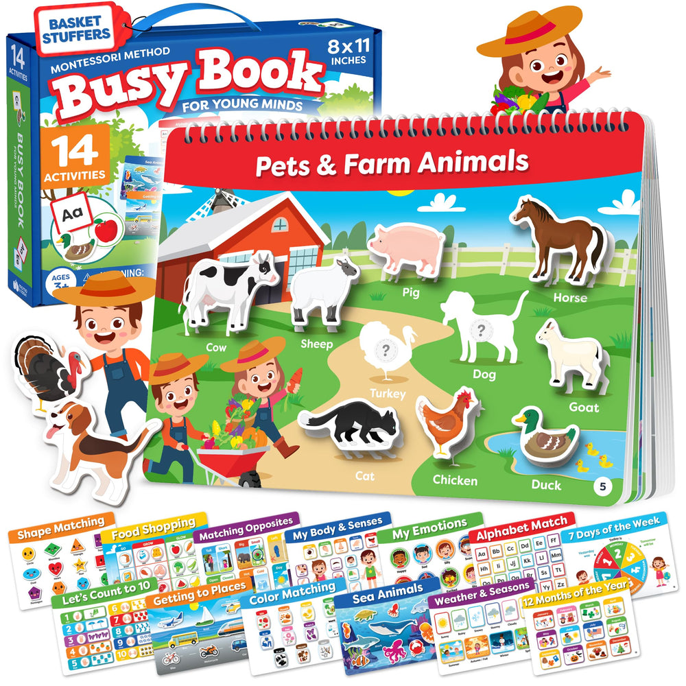 Momo & Nashi Busy Book cover showing a portable Montessori activity book for on-the-go learning