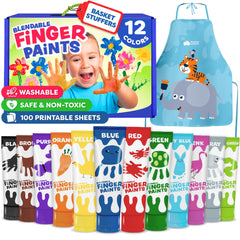 Momo & Nashi washable finger paints kit showing the 12-color palette for creative play