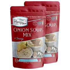 Mom's Place Gluten-Free Onion Soup Mix box showing rich onion flavor for soups, roasts, and dips.