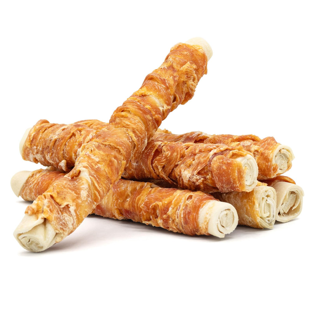MON2SUN 9-inch chicken-wrapped rawhide roll for medium and large dogs, satisfying and long-lasting.