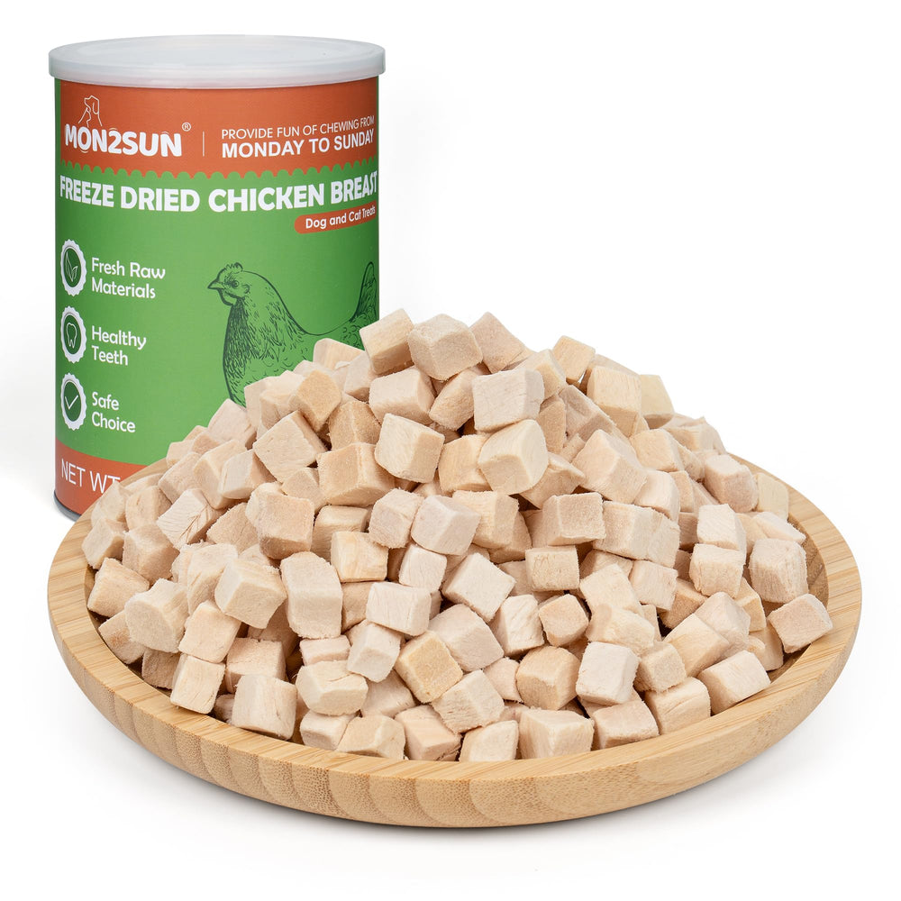 MON2SUN Freeze-Dried Chicken Treat jar closeup highlighting freshness and premium single-ingredient simplicity.