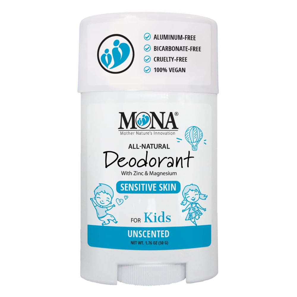 Mona Unscented deodorant packaging shown for kids' daily care