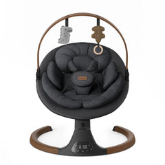 Monamii baby swing with wood grain finish calms infants while blending with decor